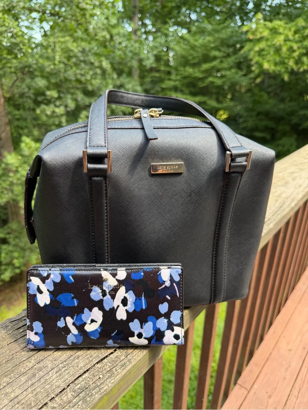 kate spade Black Saffiano Dome Satchel with kate spade Blue Floral Wallet